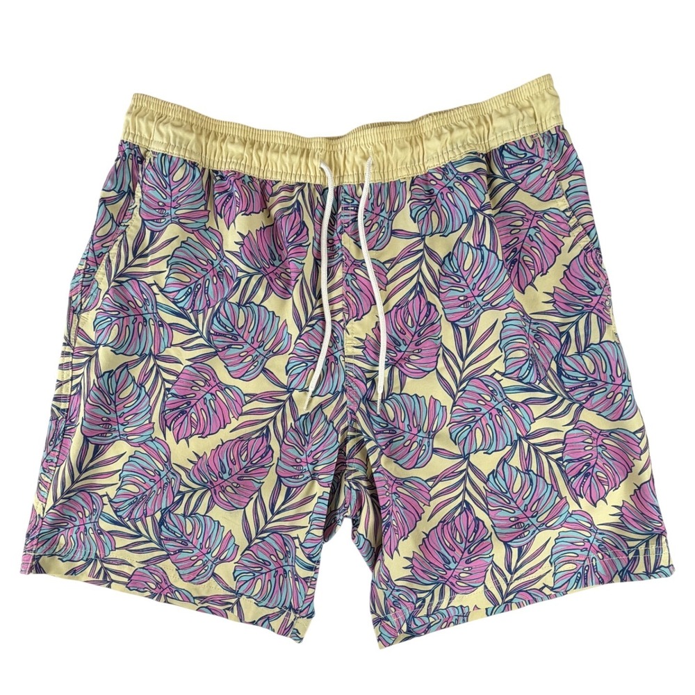 Blue Crown Mens Tropical Monstera Leaf Swim Trunks Yellow Pink Size L